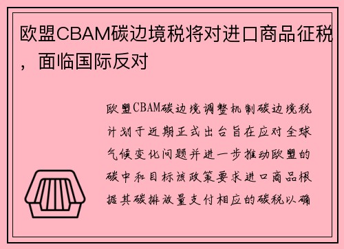 欧盟CBAM碳边境税将对进口商品征税，面临国际反对
