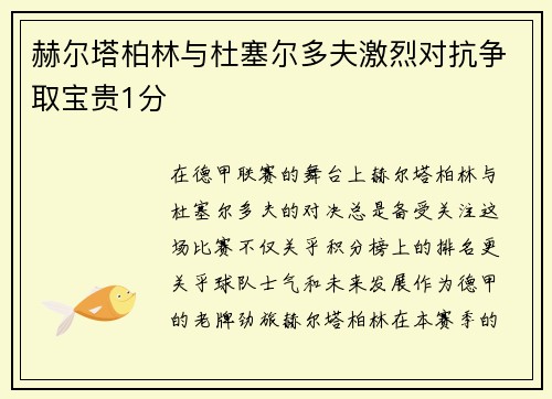 赫尔塔柏林与杜塞尔多夫激烈对抗争取宝贵1分
