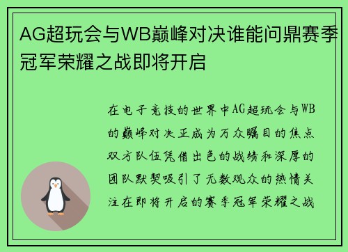 AG超玩会与WB巅峰对决谁能问鼎赛季冠军荣耀之战即将开启